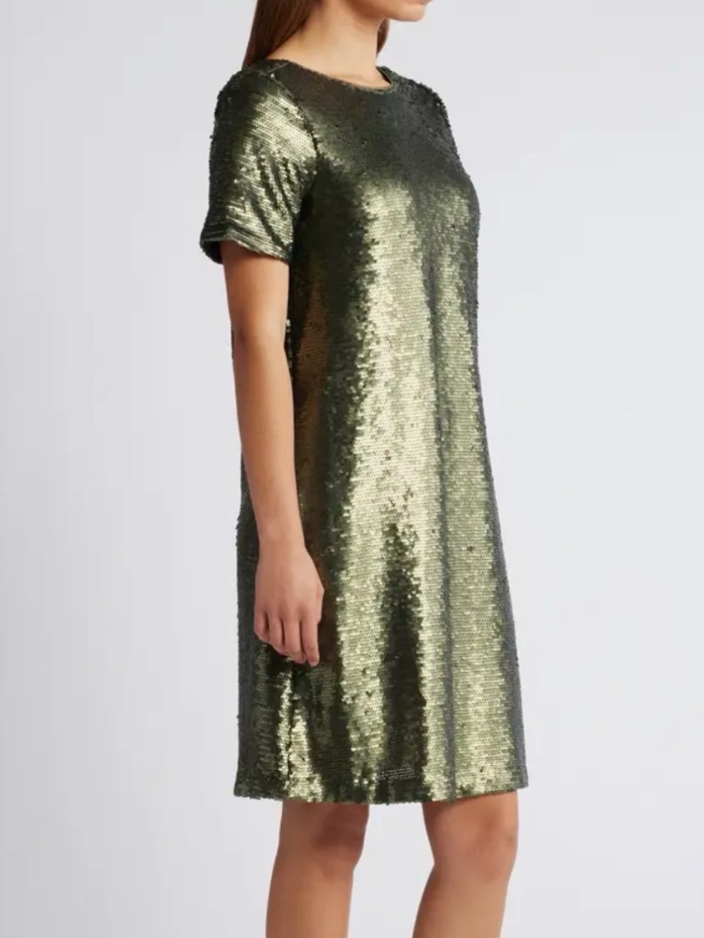 Anne Klein Sequin T-Shirt Dress Olive Green Short Sleeve Shift Dress 8 NWT